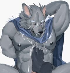 1boy abs anthro arm_behind_back arm_up armpits bara biceps black_fur blaidd_(elden_ring) blaidd_the_half-wolf blue_cape canid canine canis cape chinese_commentary commentary_request completely_nude cum cum_on_body disembodied_foot elden_ring facial fangs fangs_out fur_cape furry furry_male highres male male_focus muscular muscular_male nude one_eye_closed p7ywirzyw8lesuc pecs pectorals penis penis_peek purple_eyes scar stepped_on white_background wolf yaoi