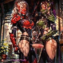 ai_generated brown_hair cleavage docking erect_penis erection futa_on_futa futanari green_armor intersex manofmidas masked masked_female monster_hunter monster_hunter_wilds monster_hunter_world ninja odogaron odogaron_(armor) penis_in_penis purple_highlights purple_makeup red_armor urethra urethral_bulge urethral_insertion urethral_penetration white_hair yellow_eyes