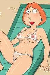 :p ai_generated bikini breasts cameltoe covered_nipples earrings family_guy female freckles jewelry lois_griffin medium_breasts navel nipples on_back orange_hair pubic_hair see-through short_hair solo swimsuit tongue