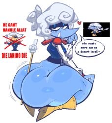 bedroom_eyes big_ass bottomless deltarune elnina_(deltarune) exposed_ass eyeshadow fat_ass looking_at_viewer looking_back makeup meme meme_reference partially_clothed thick_thighs white_hair xexeezy
