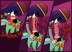 2d 2d_(artwork) 2d_artwork beanie beanie_hat blue_eyes dark_blue_hair digital_drawing_(artwork) digital_media_(artwork) doll_(murder_drones) female_on_top grabbing grabbing_another's_face grabbing_another's_head green_body hunter_(sonichunter81) kiss_mark kissing long_hair long_tongue male_victim mk210 murder_drones mwah non-human purple_tongue red_eyes red_lips red_lipstick red_lipstick_mark red_tongue robot robot_boy robot_girl smooch tongue tongue_kiss tongue_out victim victim_male