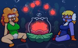 2girls air_bubble air_bubbles anthro big_breasts big_lips blonde blonde-haired_female blonde_female blonde_hair blue_swimsuit blurp blurp_girl_(okami_tomato) boots breasts bubble bubbles female fireball fish flippers ginger ginger_female ginger_hair gloves goggles green_swimsuit huge_breasts large_breasts lava_lotus_(mario) lounging makeup mario_(series) nintendo obscured_eyes okami_tomato orange_hair orange_lips orange_lipstick plant rip_van_fish sitting smiling super_mario_world swimming_goggles swimsuit tail thighs underwater water watermark zee_(randomriot)