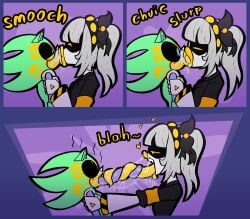 1boy 1girls 2d 2d_(artwork) 2d_artwork blue_eyes digital_drawing_(artwork) digital_media_(artwork) french_kiss french_kissing grabbing_another's_arm grabbing_partner green_body grey_body grey_hair hunter_(sonichunter81) j_(murder_drones) kiss_mark kissing lipstick lipstick_mark long_tongue male male_victim mk210 murder_drones mwah non-human panels purple_tongue robot robot_boy robot_girl saliva saliva_drip smooch tongue tongue_kiss tongue_out victim victim_anthro victim_male yellow_eyes yellow_lips yellow_lipstick yellow_lipstick_mark yellow_tongue