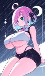 1girls ahoge ai_generated alternate_body_type alternate_breast_size belly belly_button black_shorts earring female green_eyes hair_over_one_eye himemori_luna holoforce hololive hololive_japan huge_breasts moon navel pink_hair short_hair sitting smile thighs underboob virtual_youtuber white_shirt