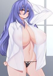 1girls alternate_breast_size arm_up blue_hair blush bow bow_panties breasts covered_nipples dura eyebrows_visible_through_hair female highres huge_breasts iris_heart long_hair looking_at_viewer navel neptunia_(series) no_bra open_clothes open_shirt panties plutia power_symbol red_eyes solo symbol-shaped_pupils underwear very_long_hair white_shirt