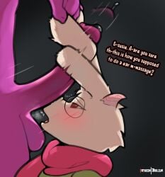 anthro bodily_fluids breath deltarune duo eyewear futa_on_male futanari genital_fluids genitals glasses hi_res intersex intersex/male jarlium male musky_cock penis precum ralsei ralsei_with_white_fur sniffing susie_(deltarune) trusting undertale_(series)