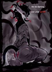 alien anal_fluids anal_wink anus ass backsack balls bodily_fluids corroded_bittern eldritch_abomination eldritch_being felid feline femboy feminization genitals grey_body hi_res looking_at_viewer male mammal multicolored_body onomatopoeia pseudo_hair red_eyes solo sound_effects tail talking_to_viewer text the_manifestor_(ze_blackball.d) thick_thighs