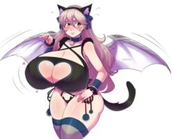 animal_ears bell blush breasts cat_ears cat_tail choker cleavage fake_animal_ears female headphones huge_breasts long_hair panties paw_pose side-tie_panties solo tail thighhighs underwear wings