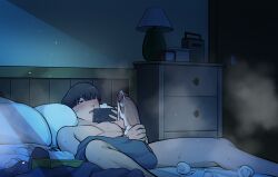 1boy balls bed bedroom big_penis blush boruto:_naruto_next_generations breasts brown_hair clothed clothed_male clothing cum cum_on_hand cum_on_penis erection handjob hokage's_adopted_son holding holding_object holding_phone huge_cock kimkun0162 large_penis looking_at_viewer lying lying_on_bed male male_masturbation male_only masturbation medium_hair nipples on_bed partially_clothed penis phone sex sole_male solo solo_focus solo_male sweat testicles