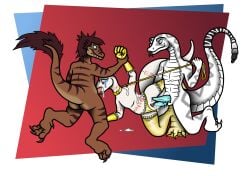 2_penises 3_fingers 3_toes 4_toes 5_fingers absurd_res animal_genitalia animal_penis anthro arm_grab ass big_tail black_stripes black_tongue blep blue_eyes bodily_fluids brown_body brown_feathers brown_hair brown_markings brown_stripes choker claws clothing clothing_aside collar crusch_lulu crying cum cum_drip cum_in_mouth cum_in_pussy cum_inside cum_on_back cum_on_body cum_on_face cum_on_ground cum_on_shoulder dewclaw dinosaur diphallia diphallism dominant dominant_male dripping dromaeosaurid ejaculation feathered_dinosaur feathered_scalie feathered_tail feathers feet fellatio female fingers flat_chested forced forced_oral frilly frilly_clothing frilly_gloves frilly_legwear frilly_lingerie frilly_panties frilly_stockings frilly_underwear gangbang genital_fluids genitals glistening glistening_clothing glistening_gloves glistening_handwear glistening_legwear glistening_panties glistening_stockings glistening_underwear gloves gold_clothing gold_gloves gold_leash gold_legwear gold_panties gold_stockings gold_underwear golden_clothes golden_collar grey_markings group group_sex hair handwear hemipenes hi_res holding_leash holding_object janek5 janek_(janek5) jewelry leash legwear lingerie lizard lizardman lizardman_(overlord) male male/female markings multi_genitalia multi_penis necklace nude nylon nylons oral overlord_(series) panties panties_aside paws penile penis pink_markings pit_viper prehistoric_species pussy questionable_consent rape rattle_(anatomy) rattlesnake red_eyes reptile scales scalie sex sickle_claw simple_background snake snout spek_(spe) stockings striped_arms striped_body striped_legs striped_markings striped_tail stripes submissive submissive_female tail tail_markings tears teeth theropod threesome toe_claws toes tongue tongue_out translucent translucent_clothing translucent_legwear translucent_stockings trio underwear underwear_aside velociraptor viper white_body