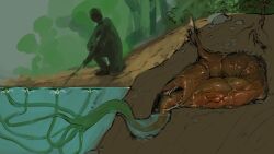 16:9 ambiguous_gender animal_genitalia cloaca duo eyeless feral genitals hi_res human imminent_danger long_tongue mammal meandraco monster not_furry orange_body orange_skin prehensile_tongue sharp_teeth swamp teeth tongue trap_(contrivance) underground water widescreen worm