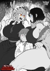 3girls anger_vein angry angry_face annoyed annoyed_expression big_breasts black_and_white blue_eyes breasts_bigger_than_head crossed_arms dragon dragon_girl elma_(dragon_maid) fangs female fist glasses gold_eyes hand_on_shoulder head_between_breasts horn horns kobayashi kobayashi-san_chi_no_maidragon leotard long_hair maid maid_headdress maid_uniform miss_kobayashi's_dragon_maid red_eyes scarf smaller_female tail tall_female taller_female thegoldensmurf tie tohru_(dragon_maid)