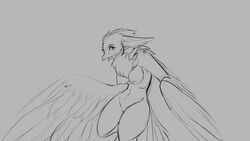 16:9 2018 anthro avian bird breasts chest_tuft female grey_background looking_at_viewer monochrome nipples nude pussy simple_background smile solo thick_thighs tuft watsup wings