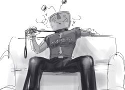 bulge bulge_through_clothing collar deltarune deltarune_chapter_3 funny_shirt horny horny_male leash leash_and_collar leash_pull male male_only manspreading sitting solo solo_focus t-shirt tenna_(deltarune)