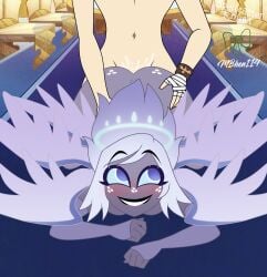 1boy 1girls angel angel_girl dark-skinned_female dark_skin emily_(hazbin_hotel) female female_focus hazbin_hotel light-skinned_male light_skin mbhen114 partial_male spellcaster_knight vivienne_medrano