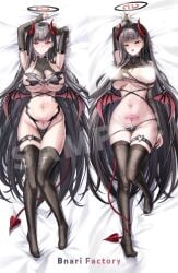absurdres alternate_costume armpits arms_up bikini black_gloves black_hair black_thighhighs blue_archive blunt_bangs blush bnari breasts bridal_gauntlets censored cleavage closed_mouth dakimakura_(medium) demon_girl demon_horns demon_tail female gloves halo highres horns large_breasts long_hair looking_at_viewer lying navel no_shoes on_back open_mouth pubic_tattoo red_eyes red_halo rio_(blue_archive) solo stomach suggestive_fluid swimsuit tail tattoo thighhighs torn_bikini torn_clothes underboob