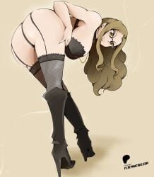 ass ass_focus bending_forward bending_over brown_hair evergreen_(fairy_tail) fairy_tail flatpancakes garter_straps glasses hanging_breasts high_heel_boots high_heels large_ass large_breasts leaning_forward legs_crossed lingerie lingerie_only looking_at_viewer looking_back patreon_username seductive_pose see-through see-through_bra see-through_clothing sexy_pose simple_background solo stockings thick_ass thick_thighs underwear wide_hips