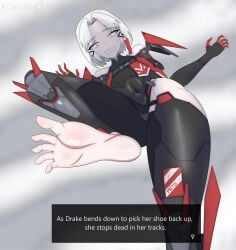 1girls armor barefoot bodysuit cyborg cyborg_girl drake_(nikke) embarrassed foot_fetish foot_focus goddess_of_victory:_nikke gritted_teeth kawaiiredpandas low-angle_view red_eyes robot_girl sci-fi small_breasts text text_box thick_thighs white_hair worms-eye_view
