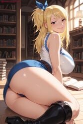 1girl 1girls ai_generated ass bangs bare_shoulders belt blonde-haired_female blonde_hair blue_ribbon book book_stack bookshelf boots breasts brown_eyes fairy_tail hair_ribbon hi_res high_heels high_quality high_resolution indoors kiraamane knee_boots kneeling large_breasts library lips long_hair looking_at_viewer lucy_heartfilia patreon ribbon seductive sexy smile solo thighs uncensored watermark