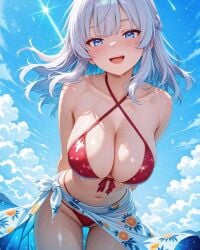 2025 ai_generated beach_background belly black_eyebrows blue_eyes_female eyebrows_visible_through_hair hands_behind_back instagram meta not_porn open_mouth open_mouth pekoillust red_bikini red_cheeks sky_background towel_around_waist tummy unknown_character wet_bikini wet_body wet_skin white_hair_female
