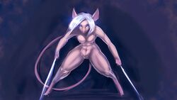 16:9 2018 anthro breasts digitigrade female hair looking_at_viewer mammal mouse murid murine navel nipples nude pussy rodent simple_background solo standing thick_thighs watsup white_hair