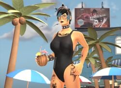 beach bikini bikini_top cleavage cristygallagher femscout femscout_(alt_design) femscout_(cristygallagher) goth goth_girl monokini nerdy_female punk_girl short_hair tattoos tomboy