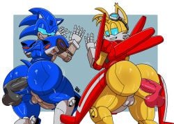 against_surface anthro anus ass balls big_butt blue_booster bodily_fluids bubble_butt canid canine crossover cybertronian disembodied_penis duo eulipotyphlan eyewear eyewear_on_head femboy fox genitals goggles goggles_on_head hasbro hedgehog hi_res looking_back looking_pleasured machine male male/male mammal miles_prower offscreen_character penis ravage41 robot sega smile smirk sonic_(series) sonic_the_hedgehog sonic_the_hedgehog_(series) sweat tails tails_the_fox takara_tomy thick_thighs transformers vein veiny_penis wide_hips wingtail