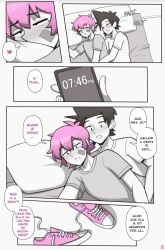 2025 2boys bandaid black_and_white black_hair cellphone comic dross jacob_(dross) male male_only page_2 page_number phone pillow pillows pink_hair portuguese portuguese_dialogue portuguese_text shoes sleeping speech_bubble taylor_(dross) text waking_up yaoi
