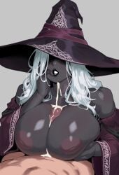 1boy 1girls big_breasts black_body boobjob busty chermat cum cum_on_breasts dark-skinned_female dark_skin elden_ring elden_ring_nightreign eyes_obscured female fromsoftware grey_body hat huge_breasts large_breasts light-skinned_male light_skin male milf nipples oral paizuri penis_between_breasts recluse recluse_(nightreign) titjob white_hair witch witch_hat