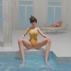3d big_breasts busty mercy one-piece_swimsuit overwatch pool swimsuit tracer