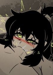 1boy 1girls 2025 ahe_gao artist_name black_hair blush deepthroat fellatio female female_focus highres lagsoff lagson light-skinned_male light_skin light_skinned_female male male_pov penis ponytail ponytail_hold renee_graves straight the_coffin_of_andy_and_leyley watermark yellow_eyes