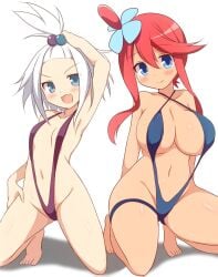2girls arm_up armpits arms_behind_back ass_visible_through_thighs bare_arms bare_belly bare_legs bare_shoulders bare_thighs barefoot belly_button big_breasts blue_eyes blue_slingshot_swimsuit blush breasts cleavage closed_mouth collarbone curakuru dark-skinned_female feet hair_ornament hand_on_own_leg long_hair medium_hair oerba_yun_fang one-piece_swimsuit open_mouth pokemon purple_slingshot_swimsuit red_hair roxie_(pokemon) sideboob skyla_(pokemon) slingshot_swimsuit small_breasts smile squatting swimsuit thick_thighs thighs toes white_hair