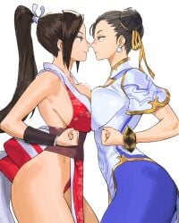 2girls artist_request ass backless_dress backless_outfit blue_pantyhose breast_press breasts brown_eyes brown_hair capcom chilicayenne2d china_dress chinese_clothes chun-li clenched_hand closed_mouth commentary cowboy_shot crossover derivative_work double_bun dress earrings english_commentary fatal_fury female hair_bun hair_ribbon high_ponytail highres japanese_clothes jewelry king_of_fighters large_breasts long_hair looking_at_another mai_shiranui motoyui multiple_girls noses_touching pantyhose parody pearl_earrings pelvic_curtain ponytail revealing_clothes ribbon short_hair sideboob simple_background snk street_fighter street_fighter_6 symmetrical_docking toned toned_female white_background white_dress yellow_ribbon yuri