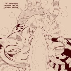 anthro bear biped bodily_fluids cold-blooded-twilight dialogue dreamworks erection fangs felid female feral fur genitals giant_panda glans group hi_res humanoid_genitalia humanoid_penis kung_fu_panda licking male male/female mammal master_po_ping master_tigress master_viper monochrome oral pantherine penile penis penis_lick pupils reptile saliva scalie serpentine sex slit_pupils snake sweat tail teeth text tiger tongue tongue_out trio vein veiny_penis