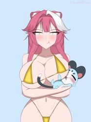 1boy 1girls annoyed annoyed_expression big_breasts big_thighs boob_squish carrying cat_ears cat_tail catboy catgirl chattino_(raora_panthera) creature face_on_breast fan_mascot_(vtuber) female gold_eyes golden_bikini golden_eyes golden_week golden_week_bikini hair_vents happy happy_expression hololive hololive_english hololive_english_-justice- hololive_justice huge_breasts kawaiiredpandas long_hair male mascot micro_bikini motherly pink_hair raora_panthera thin_waist vtuber wide_hips