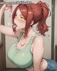 1girls ai_generated artifical_art big_breasts blue_pants blush condom cum_in_condom cum_in_mouth cum_on_tongue drinking_cum enen_no_shouboutai fire_force jeans licking_cum light-skinned_female light_skin lisa_isaribi long_hair open_mouth orange_eyes perfect_body ponytail red_hair solo tied_hair tongue_out torn_pants used_condom voluptuous_female