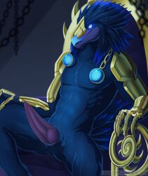 anthro anzu_(warcraft) armor avian beak bedroom_eyes bird blizzard_entertainment blue_body blue_eyes blue_feathers corvid corvus_(genus) erection essence_of_rapture feathers genitals glowing glowing_eyes hi_res male male_only mount_(warcraft) narrowed_eyes oscine passerine pendant penis presenting presenting_penis raven_(bird) raven_lord_(warcraft) seductive sitting solo solo_male tail_feathers video_games warcraft world_of_warcraft