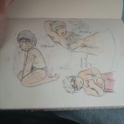 3boys arm_behind_head arm_hair bad_anatomy blur(band) body_hair britpop celebrity damon_albarn dave_rowntree doodle drummer embarrassed embarrassed_male fully_nude glasses graham_coxon guitarist handdrawn handdrawn_art hearts hearts_around_head k0piga laying_down laying_on_bed leg_hair low_res male men middle_aged middle_aged_male middle_aged_men on_knees paper real_people real_person red_boxers singer sketch_page