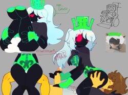 1boy 1girls 1x1x1x1 1x1x1x1_(forsaken) artist_name betrayed_1x1x1x1 blush brown_hair closed_eyes cum cum_in_pussy cunnilingus dominant_female eltortillas9 eltortillas_(artist) female forsaken_(roblox) green_body handjob male meme_in_the_background penis pussy red_eyes roblox roblox_game robloxian rule_63 shedletsky shedletsky_(forsaken) speech_bubble thighjob watermark white_hair