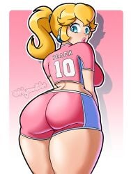 1girls artist_name ass backboob blonde_hair blue_eyes breasts butt curvy earrings female female_only high_ponytail large_ass lips lipstick looking_at_viewer looking_back looking_back_at_viewer mario_(series) mario_strikers nintendo nyazuliart pink_lipstick pink_shorts ponytail princess_peach shirt shorts soccer_uniform solo solo_female solo_focus sportswear tied_hair