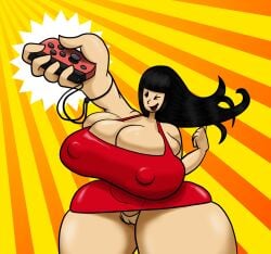 1girls ;d arms_up big_breasts black_hair brown_hair clenched_hand female floating_hair gigantic_breasts gigantic_thighs girl_(rhythm_heaven_fever) holding holding_object huge_breasts huge_thighs hyper_breasts joy-con judbud long_hair mob_face nintendo nintendo_switch nipples nipples_visible_through_clothing pussy red_dress rhythm_heaven rhythm_heaven_fever shaved_pussy smile thick thick_thighs thighs tight_clothing wink wrist_straps yellow_background