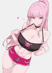 1girls belly_button big_ass bluefield breasts cleavage crop_top female gym_clothes hololive hololive_english hololive_myth looking_at_viewer mori_calliope pink_hair ponytail pulling_clothing red_eyes shorts smile solo teasing thighs tugging virtual_youtuber