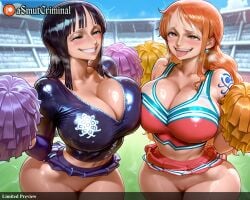 +++ 2girls ^^^ ai_generated asmutcriminal black_hair blush breasts building chain-link_fence cheerleader cleavage clothing covered_nipples crowd dark_skin day earrings female female_only fence grin heart holding_pom_poms huge_breasts jewelry long_hair microskirt motion_lines multiple_girls nami_(one_piece) navel nico_robin no_bra no_panties one_piece open_mouth orange_hair outdoors pasties pom_pom_(cheerleading) pussy pussy_juice skirt skirt_lift smile stadium sweat tagme tattoo trembling web_address