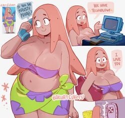 1girls artist_name bakuatsukiyu big_breasts borrowed_design breasts cleavage clothed_female english_text female genderswap_(mtf) long_hair meme meme_reference patrick_star pink_body pink_hair reference_image rule_63 spongebob_squarepants spongebob_squarepants_(character) starfish text text_bubble watermark