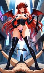 1boy ai_generated ass_visible_through_thighs bangs bare_shoulders bikini black_bikini black_clothes black_footwear black_gloves black_legwear black_panties black_thighhighs black_underwear blush bondage bondage bondage_outfit boots bound breasts bulge chains choker cleavage clothing collar corset demon_girl demon_horns demon_tail demon_wings dominatrix elbow_gloves erection female female femdom footwear gloves heart high_heel_boots high_heels holding holding_whip horns indoors large_breasts latex latex_gloves legwear long_hair looking_at_viewer lying male navel nipples on_back original outdoors pantsu penis pointy_ears pubic_tattoo red_eyes red_hair shoes smile solo_focus spread_legs standing straight succubus swimsuit tail tattoo thigh_boots thighhighs thighs underwear very_long_hair wings