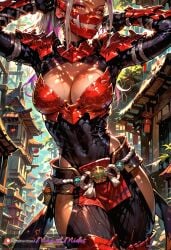ai_generated cleavage manofmidas masked_female monster_hunter monster_hunter_wilds monster_hunter_world ninja odogaron odogaron_(armor) purple_highlights purple_makeup red_armor white_hair yellow_eyes