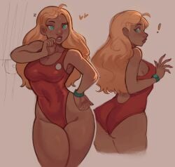 ! 1girls absurdres blonde_hair bracelet dark-skinned_female dark_skin disney female green_eyes highres jewelry lifeguard_(lilo_and_stitch) lilo_and_stitch long_hair multiple_views one-piece_swimsuit red_one-piece_swimsuit swimsuit widisu