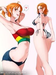 armpits ass bare_arms bare_legs bare_shoulders bikini blue_shorts bracelet breasts cleavage closed_mouth collarbone commentary cowboy_shot criss-cross_halter crop_top denim denim_shorts feet_out_of_frame female hair_tie halterneck heart highres holding holding_hair_tie jewelry large_breasts legs looking_at_viewer looking_back midriff multicolored_shirt multiple_views nami_(one_piece) navel official_alternate_costume official_alternate_hairstyle one_piece one_piece:_strong_world opalis opalisart open_fly open_mouth orange_hair patreon_logo patreon_username pre-timeskip short_hair short_shorts shorts shoulder_tattoo side-tie_bikini_bottom simple_background smile spoken_heart stomach striped_bikini striped_clothes swimsuit tattoo thighs tying_hair vertical-striped_bikini vertical-striped_clothes wavy_hair