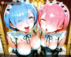 2girls ai_generated asmutcriminal blue_eyes blue_hair blush breasts cleavage detached_sleeves eyes_visible_through_hair female hair_ornament hair_over_one_eye headdress heart-shaped_pupils looking_at_viewer maid maid_headdress medium_breasts multiple_girls open_mouth pink_eyes pink_hair pink_ribbon purple_ribbon ram_(re:zero) re:zero_kara_hajimeru_isekai_seikatsu rem_(re:zero) roswaal_mansion_maid_uniform short_hair siblings sisters small_breasts sweat symbol-shaped_pupils tagme tongue tongue_out twins x_hair_ornament