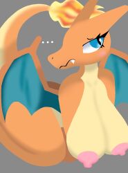 1girls 2025 background blue_eyes breasts breasts_out charizard dragon dragon_tail dragon_wings embarrassed embarrassed_female embarrassed_nude_female eyelashes female female_charizard female_only fire generation_1_pokemon grey_background long_tail orange_body orange_skin pinap_juice pokemon pokemon_(species) pokemon_rgby solo solo_female wings yellow_skin